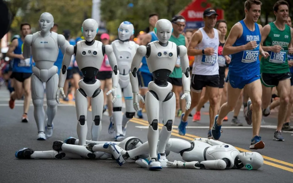 PEQUIM SEDIA PRIMEIRA MEIA MARATONA COM ROBÔS HUMANOIDES CORRENDO AO LADO DE HUMANOS